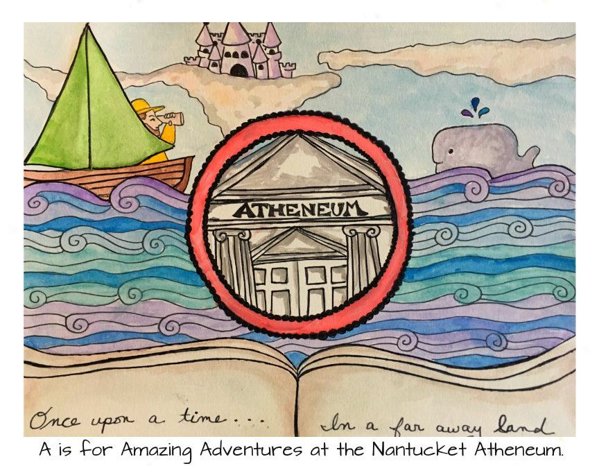 Watercolor of a sailboat and the Nantucket Atheneum