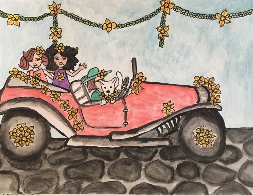 Watercolor of cars decorated for the Daffodil Parade