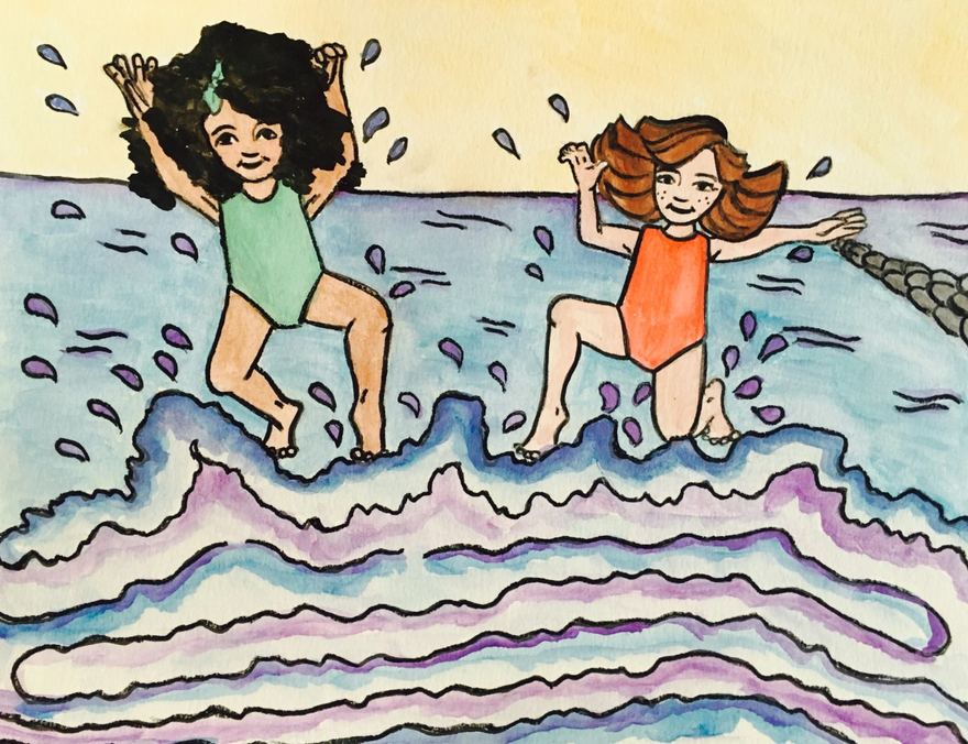 Watercolor of children jumping waves at the Jetties